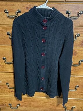 Karen Scott Black Cable-Knit Button Cardigan with Dark Red Buttons